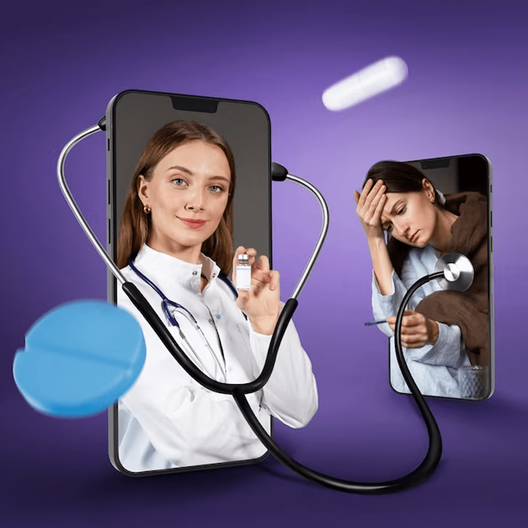 Doctor in one mobile phone connected by a stethoscope to a patient in another phone