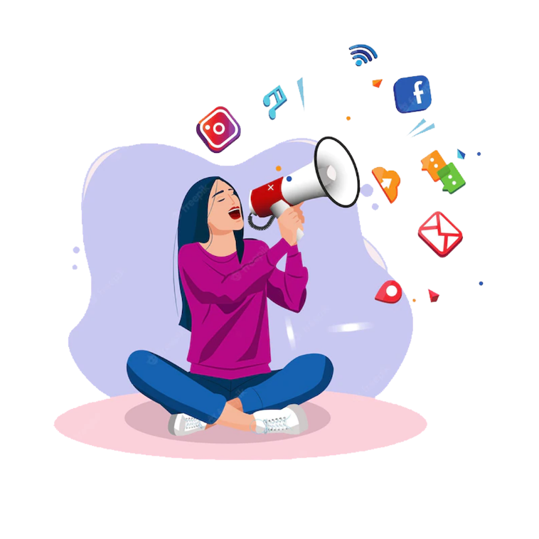 Girl sitting with a megaphone spewing out digital marketing icons.