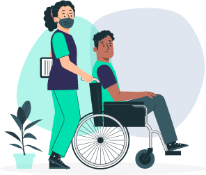 Nurse taking a patient around in a wheelchair at a Nursing Home.